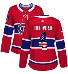 Women's Adidas Montreal Canadiens #4 Jean Beliveau Authentic Red USA Flag Fashion NHL Jersey