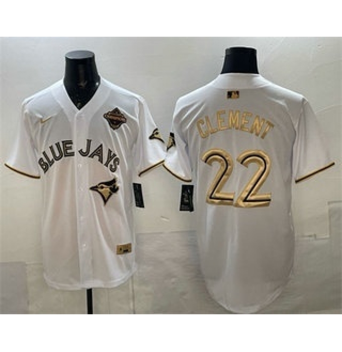 Men's Toronto Blue Jays #22 Ernie Clement White Gold 2025 American League Champions Limited Stitched Jersey
