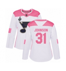 Women's St. Louis Blues #31 Chad Johnson Authentic White Pink Fashion 2019 Stanley Cup Final Bound Hockey Jersey