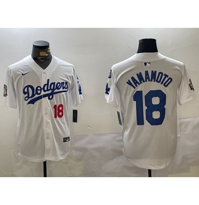Men's Los Angeles Dodgers #18 Yoshinobu Yamamoto White 2024 World Series With Fernando Memorial Home Limited Stitched Baseball Jerseys