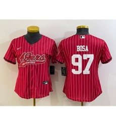 Women's San Francisco 49ers #97 Nick Bosa Red Pinstripe With Patch Cool Base Stitched Baseball Jersey