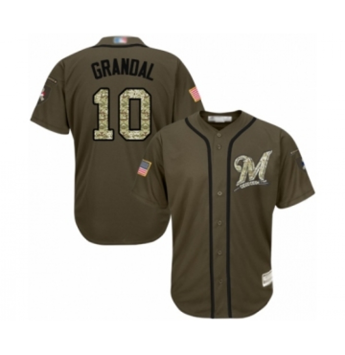 Men's Milwaukee Brewers #10 Yasmani Grandal Authentic Green Salute to Service Baseball Jersey