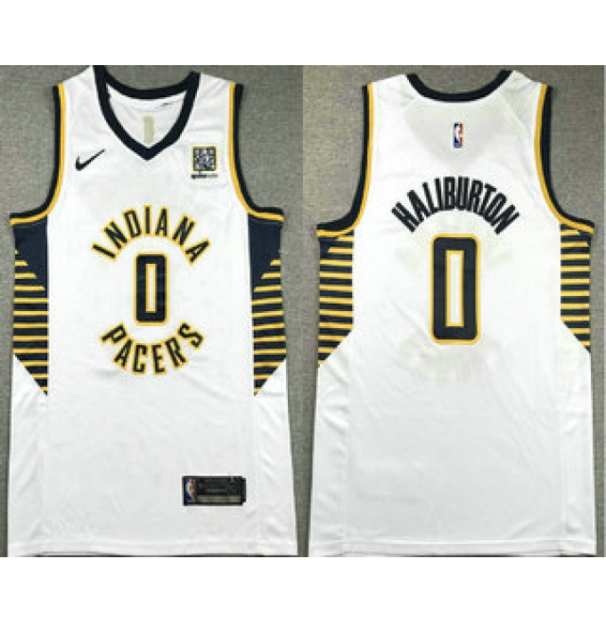 Men's Indiana Pacers #0 Tyrese Haliburton White Association Edition Sponsor Stitched Jersey