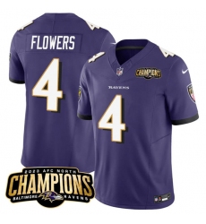 Men's Baltimore Ravens #4 Zay Flowers Purple 2023 F.U.S.E. AFC North Champions Vapor Limited Football Stitched Jersey