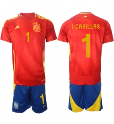Men's Spain Team #1 Iker Casillas 2024-25 Red Home Soccer Jersey Suit