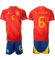 Men's Spain Team #6 Andrés Iniesta 2024-25 Red Home Soccer Jersey Suit