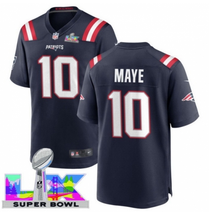 Men's New England Patriots #10 Drake Maye Blue 2025 2026 Super Bowl LX F U S E Stitched Jersey