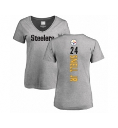 Women's Pittsburgh Steelers #24 Benny Snell Jr. Ash Backer V-Neck T-Shirt
