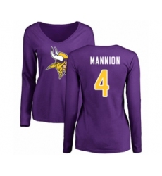 Football Women's Minnesota Vikings #4 Sean Mannion Purple Name & Number Logo Slim Fit Long Sleeve T-Shirt