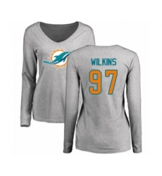 Football Women's Miami Dolphins #97 Christian Wilkins Ash Name & Number Logo Long Sleeve T-Shirt