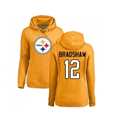 Football Women's Pittsburgh Steelers #12 Terry Bradshaw Gold Name & Number Logo Pullover Hoodie