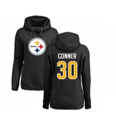 Football Women's Pittsburgh Steelers #30 James Conner Black Name & Number Logo Pullover Hoodie