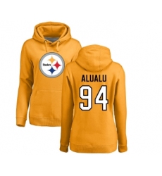 Football Women's Pittsburgh Steelers #94 Tyson Alualu Gold Name & Number Logo Pullover Hoodie