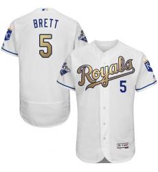 Men's Majestic Kansas City Royals #5 George Brett Authentic White 2015 World Series Champions Gold Program FlexBase MLB Jersey