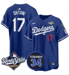 Men's Los Angeles Dodgers #17 Shohei Ohtani Royal 2025 World Series With No.34 Limited Stitched Baseball Jersey