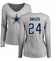 NFL Women's Nike Dallas Cowboys #24 Chidobe Awuzie Ash Name & Number Logo Slim Fit Long Sleeve T-Shirt